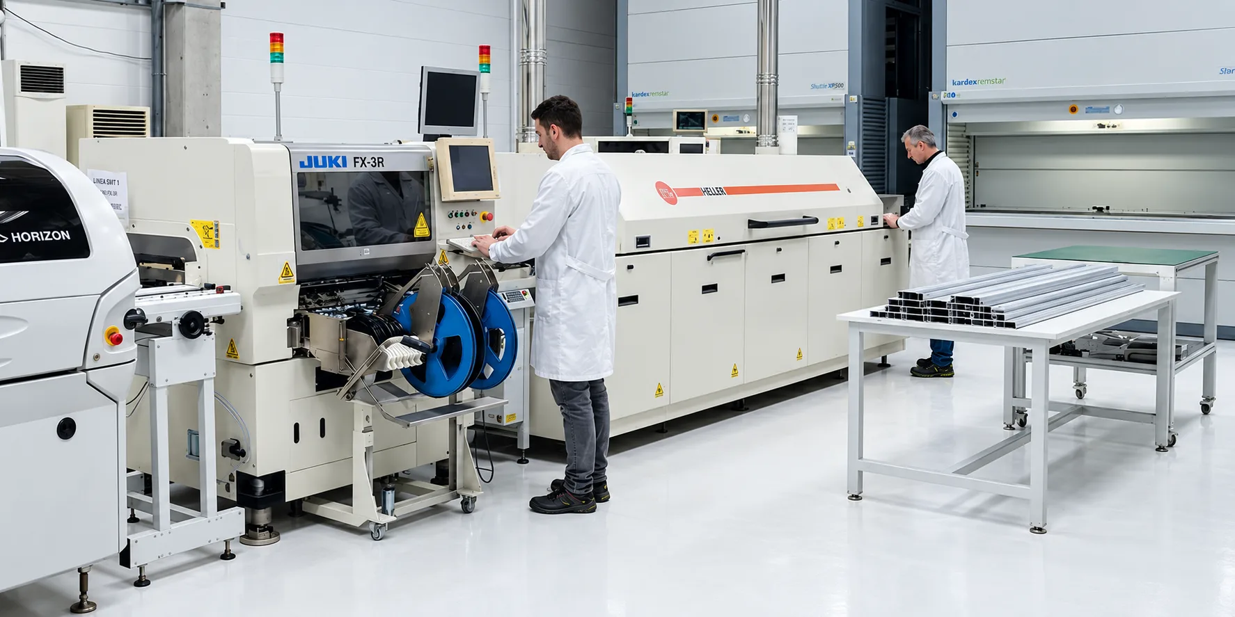 Reparto produttivo MYA TECH: linea SMT e operatori al lavoro