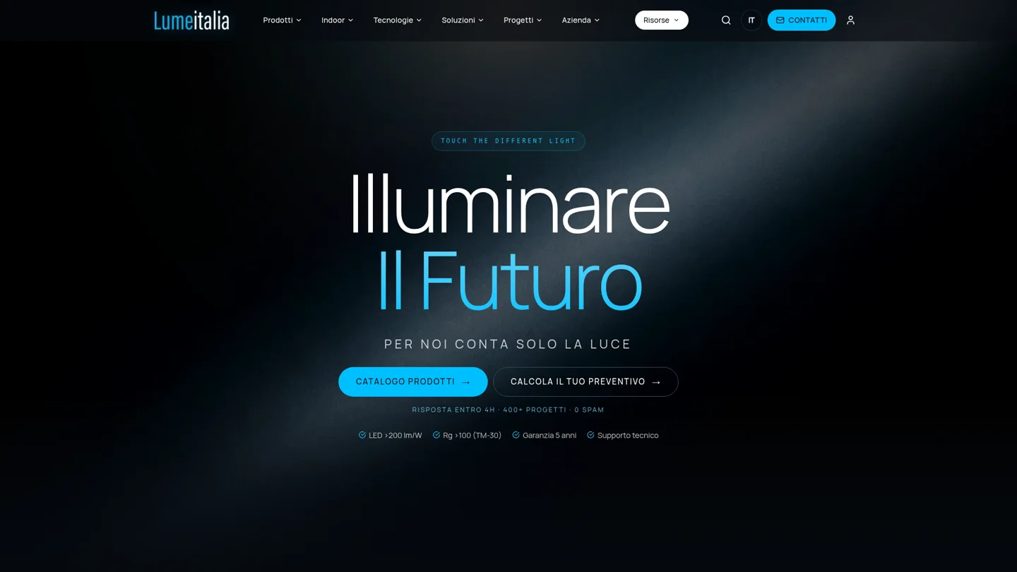 Homepage reale Lumeitalia con logo e hero Illuminare Il Futuro