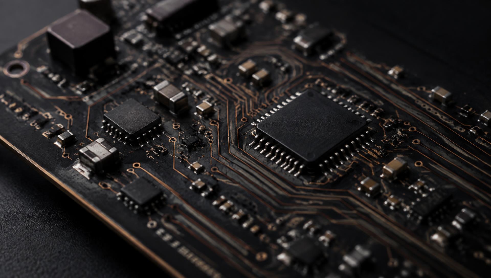 Macro di una scheda elettronica con tracce in rame e componenti SMD